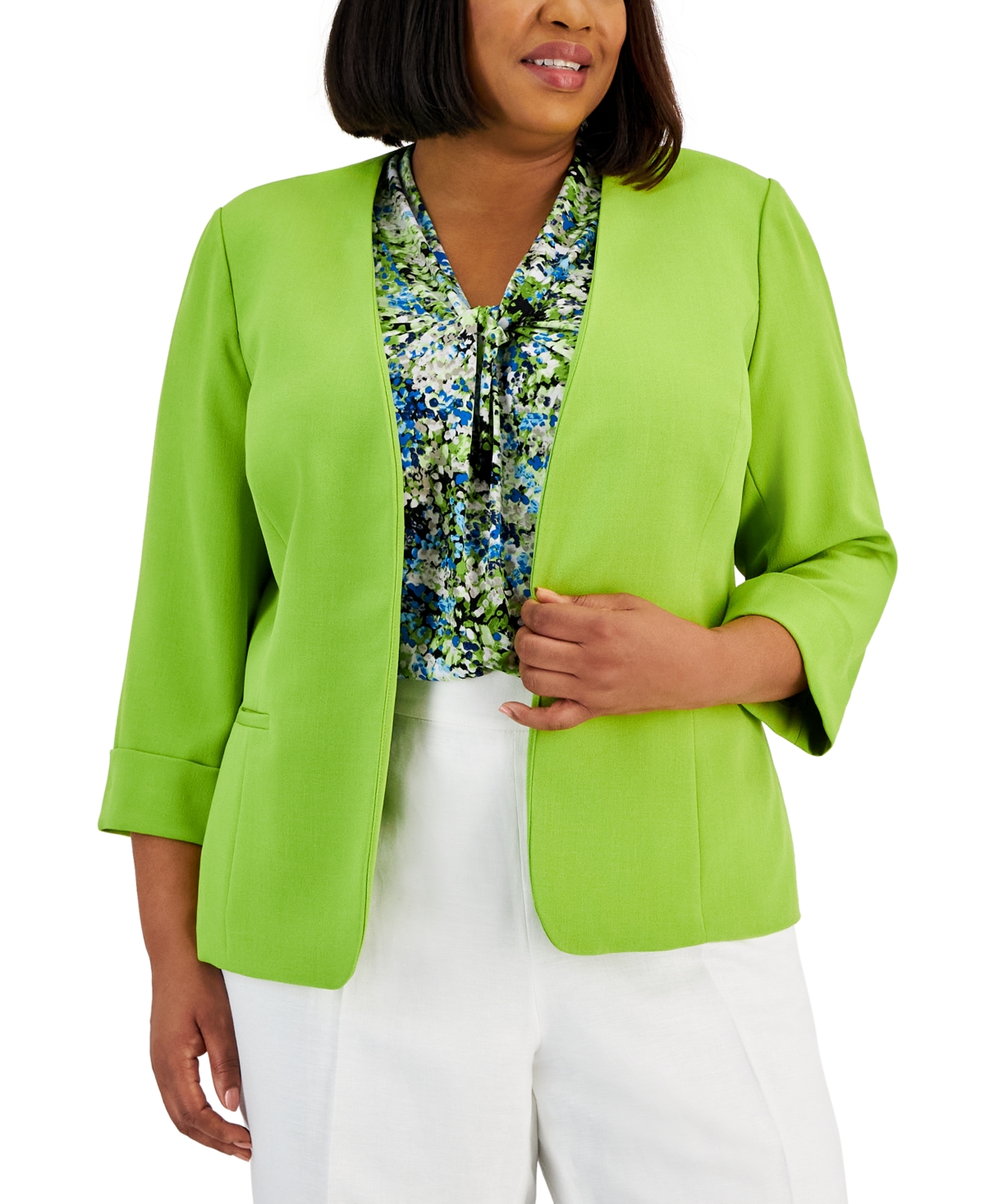 Kasper Plus Size Stretch Crepe Jacket Printed Knot Front Blouse Pull On Pants In Kiwi