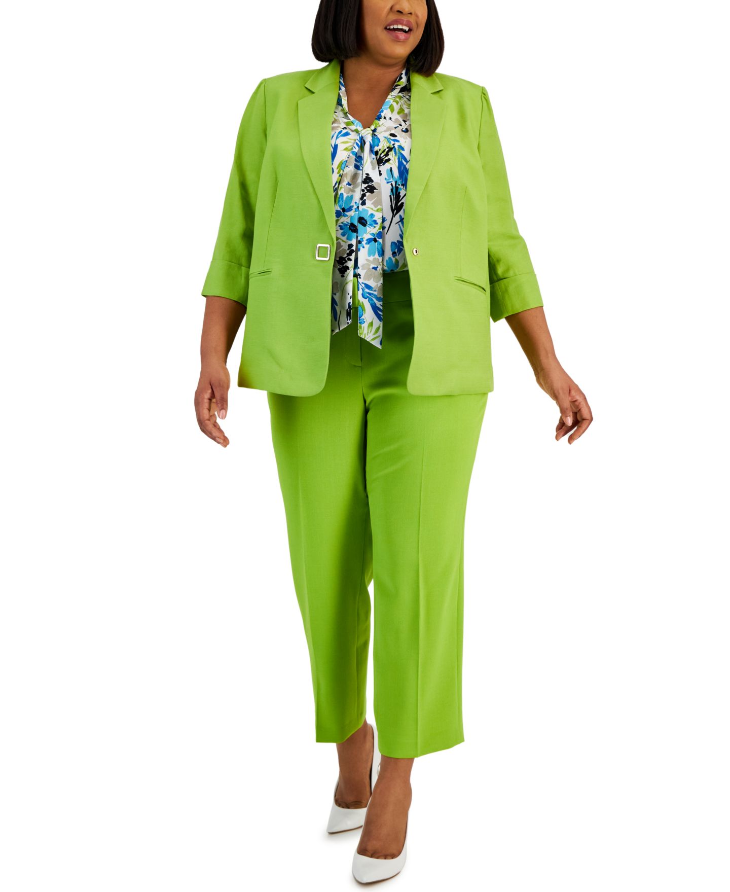 Женские комплекты Kasper Plus Size Linen-Blend Jacket, Printed Tie-Front Blouse & Pants, цвет: Чёрный — фото 1