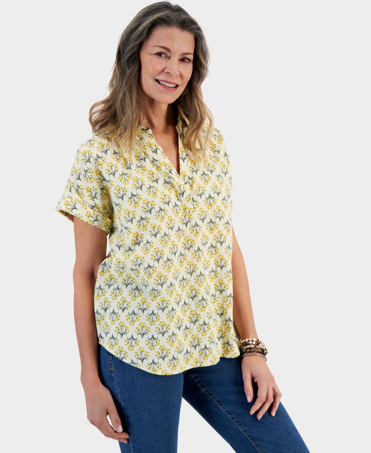 Women's Printed Gauze Short-Sleeve Popover Top, Created for Macy's - Flower Yellow