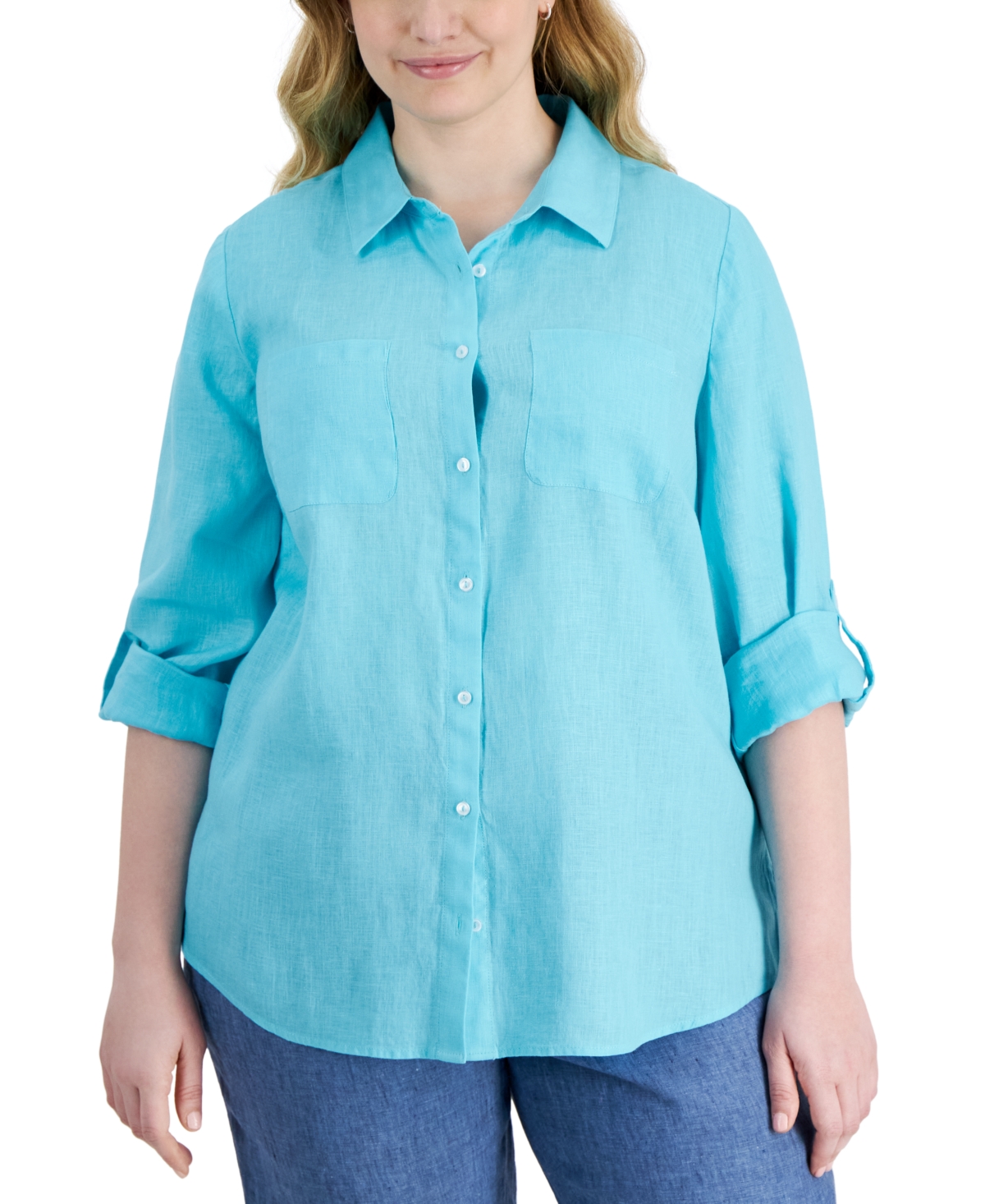 Shop Charter Club Plus Size 100% Linen Roll-tab Shirt, Created For Macy's In Light Pool Blue