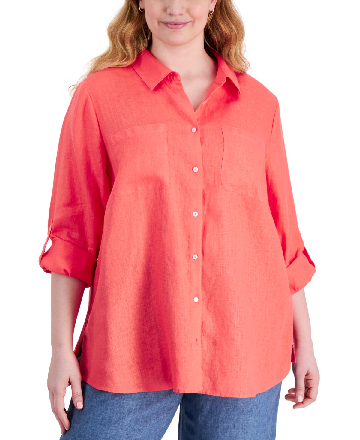 Shop Charter Club Plus Size 100% Linen Roll-tab Shirt, Created For Macy's In Coral Punch