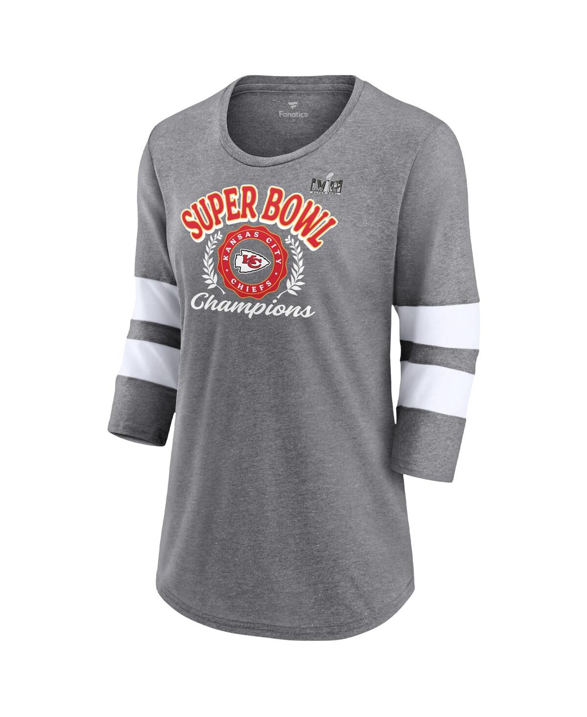 Women's FanaticsKansas City Chiefs Super Bowl Lviii Champions Written Script Tri-Blend 3/4-Sleeve T-shirt - Heather Gray, White