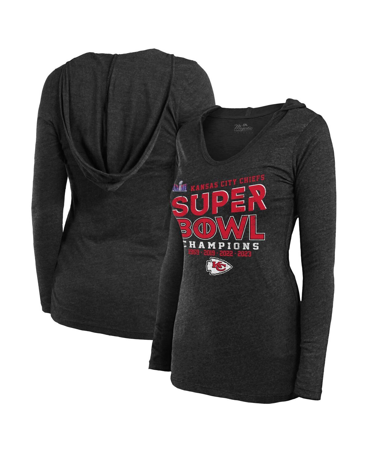 Women's Majestic Black Kansas City Chiefs Super Bowl Lviii Champions Loudmouth Tri-Blend V-Neck Long Sleeve Hoodie T-shirt - Black