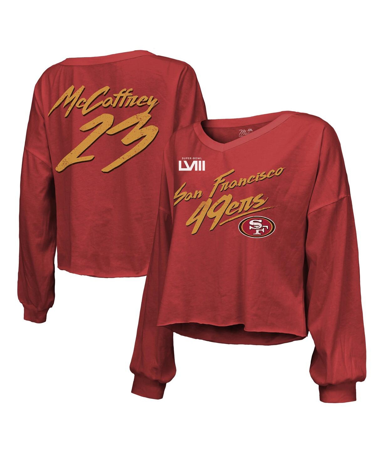 Women's Majestic Threads Christian McCaffrey Scarlet Distressed San Francisco 49ers Super Bowl Lviii Script Off-Shoulder Cropped Long Sleeve T-Shirt -