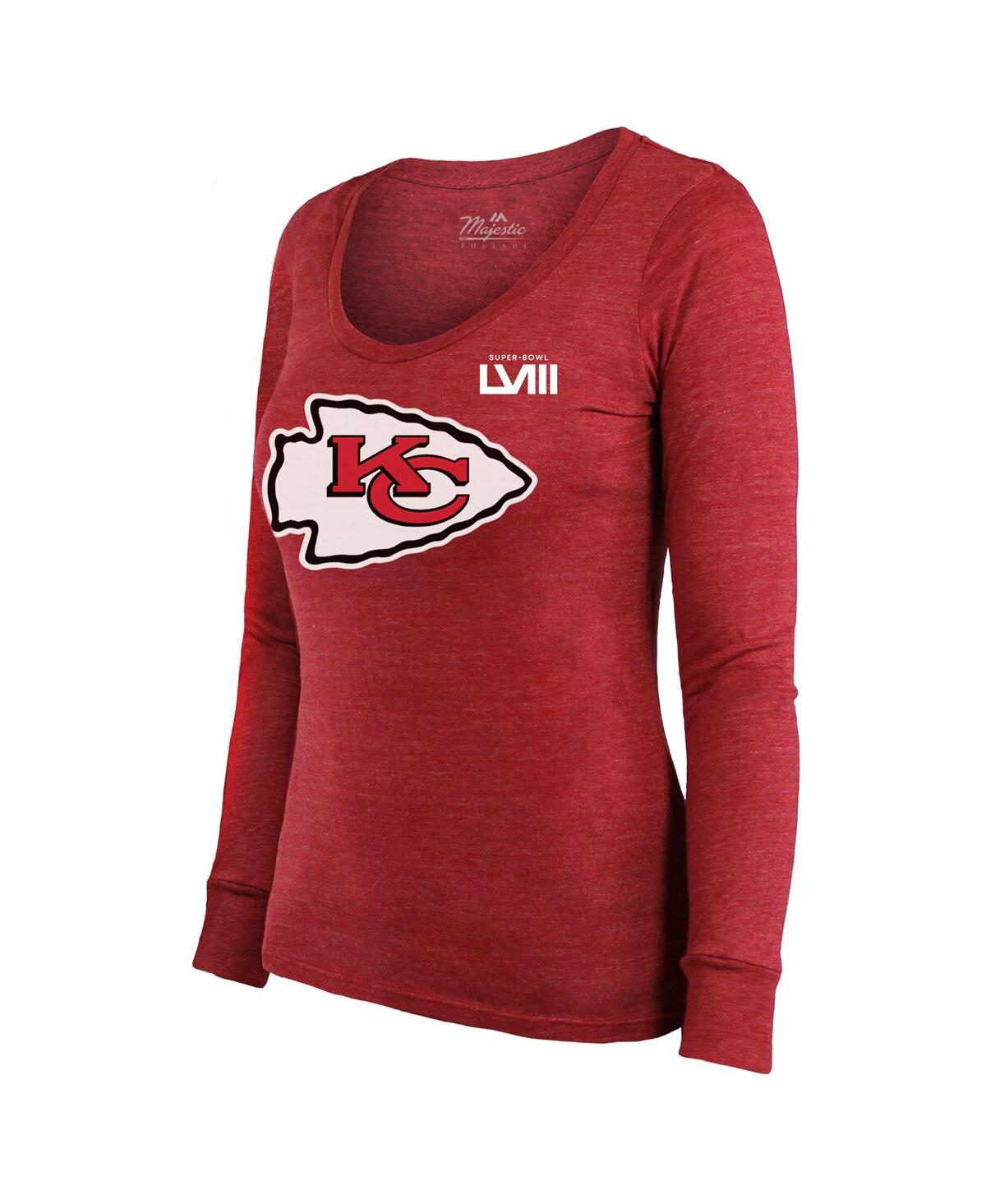 Women's Majestic Threads Patrick MahomesKansas City Chiefs Super Bowl Lviii Scoop Name and Number Tri-Blend Long Sleeve T-shirt - Red