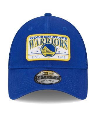 Men's Royal Golden State Warriors Plate Oversized Patch Trucker 9FORTY Adjustable Hat
