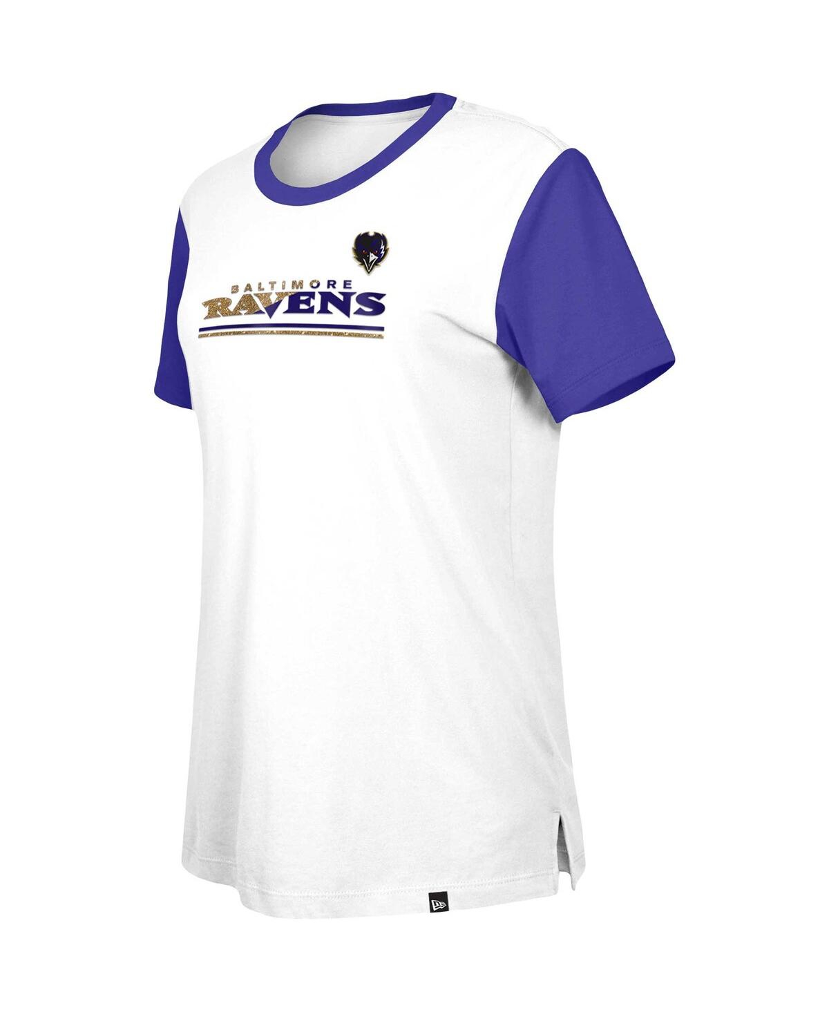 NEW ERA WOMEN'S NEW ERA WHITE, PURPLE BALTIMORE RAVENS THIRD DOWN COLORBLOCK T-SHIRT 