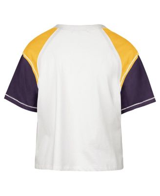Women's Cream Distressed Los Angeles Lakers Premier Raglan Cropped T-shirt