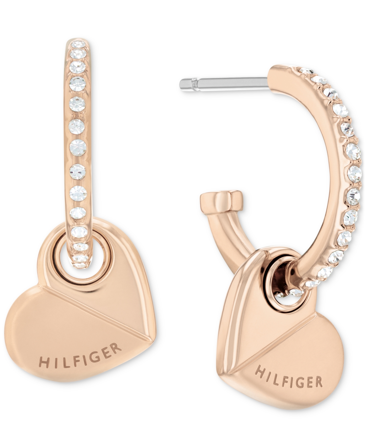 Gold-Tone Stainless Steel Heart Charm Pave Hoop Earrings - Carnation