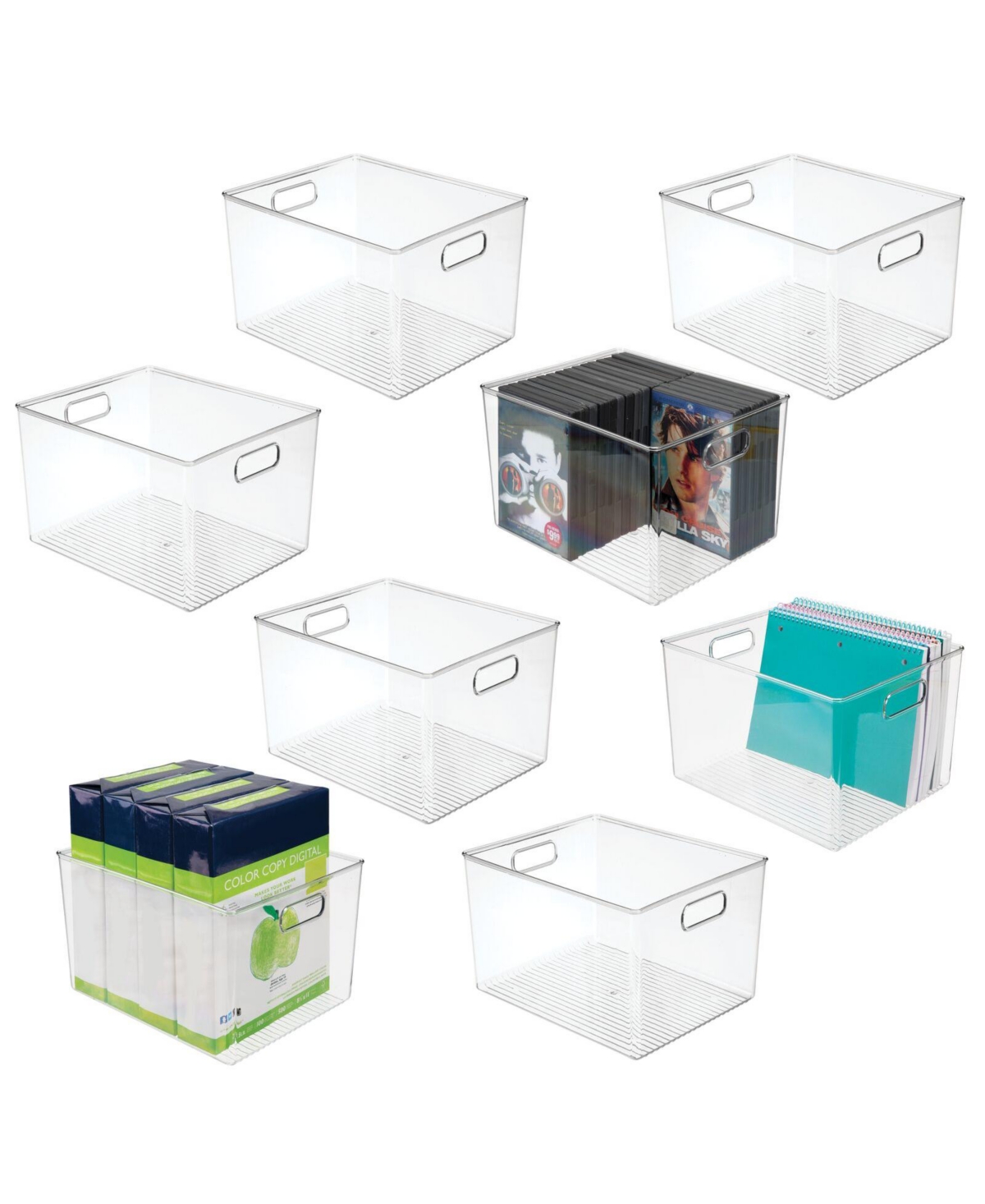Plastic Office Supply Organizer Storage Bins w/ Handles - 12 x 10 x 8 - 8 Pack - Clear