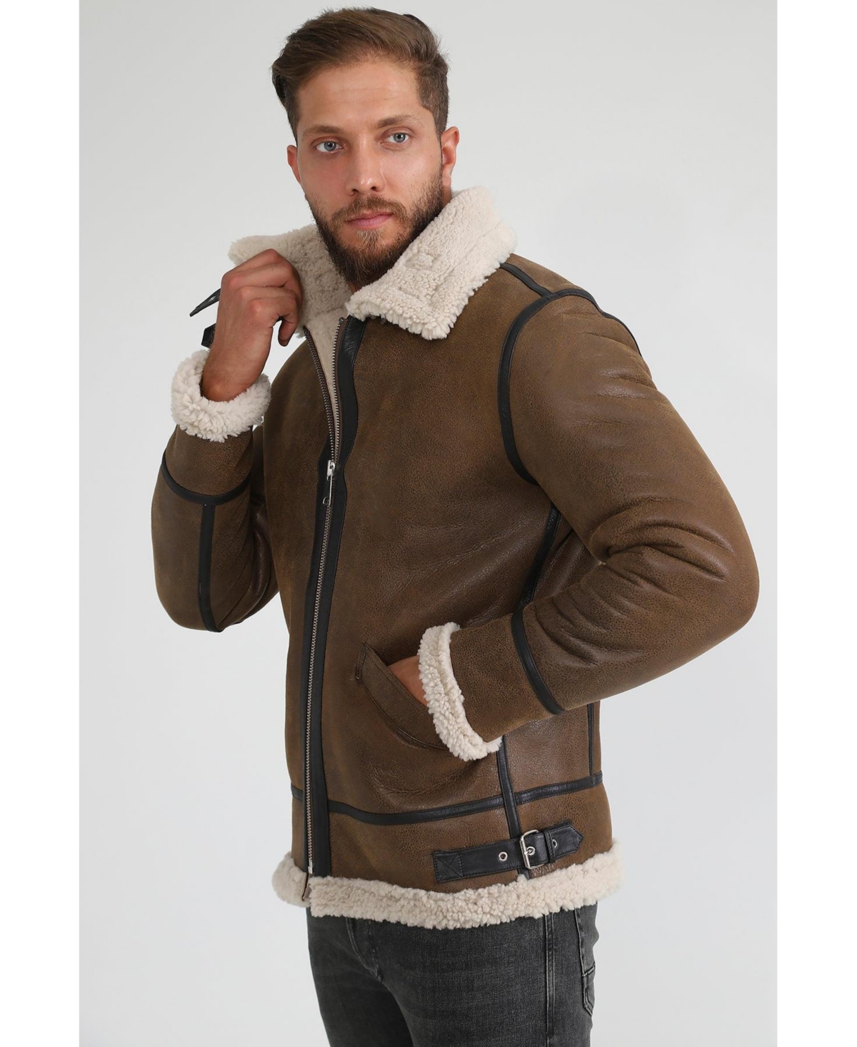 Furniq Uk Men's Shearling Aviator Jacket, Vintage likewith Beige Curly Wool - Camel