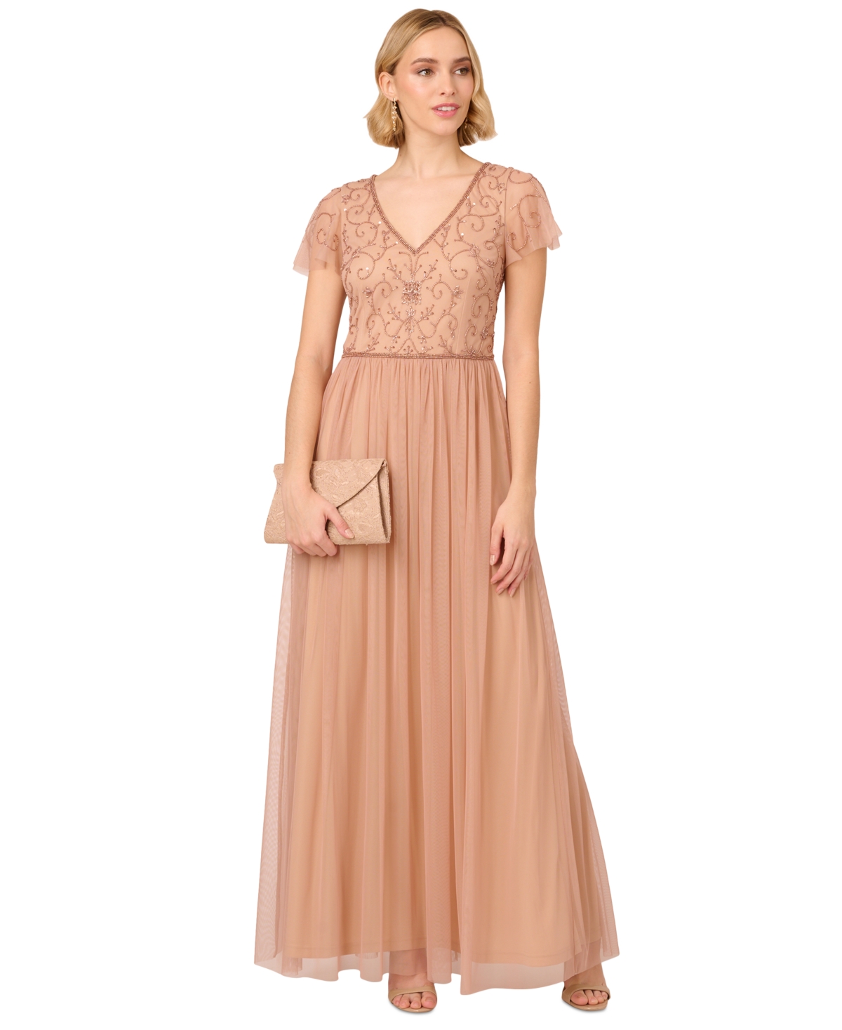 Adrianna Papell Women's Bead Embellished V-neck Gown In Rose Gold