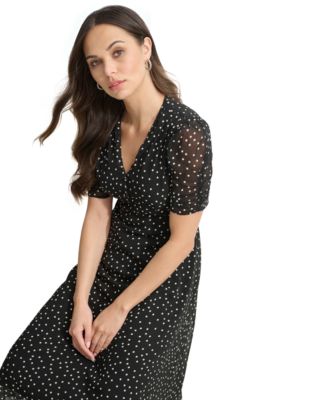 DKNY ★【ドレス】Polka Dot Belted Midi Dress 実用性の一着 Belted Polka Dot Wrap Effect Midi Dress | A-Line Dress
