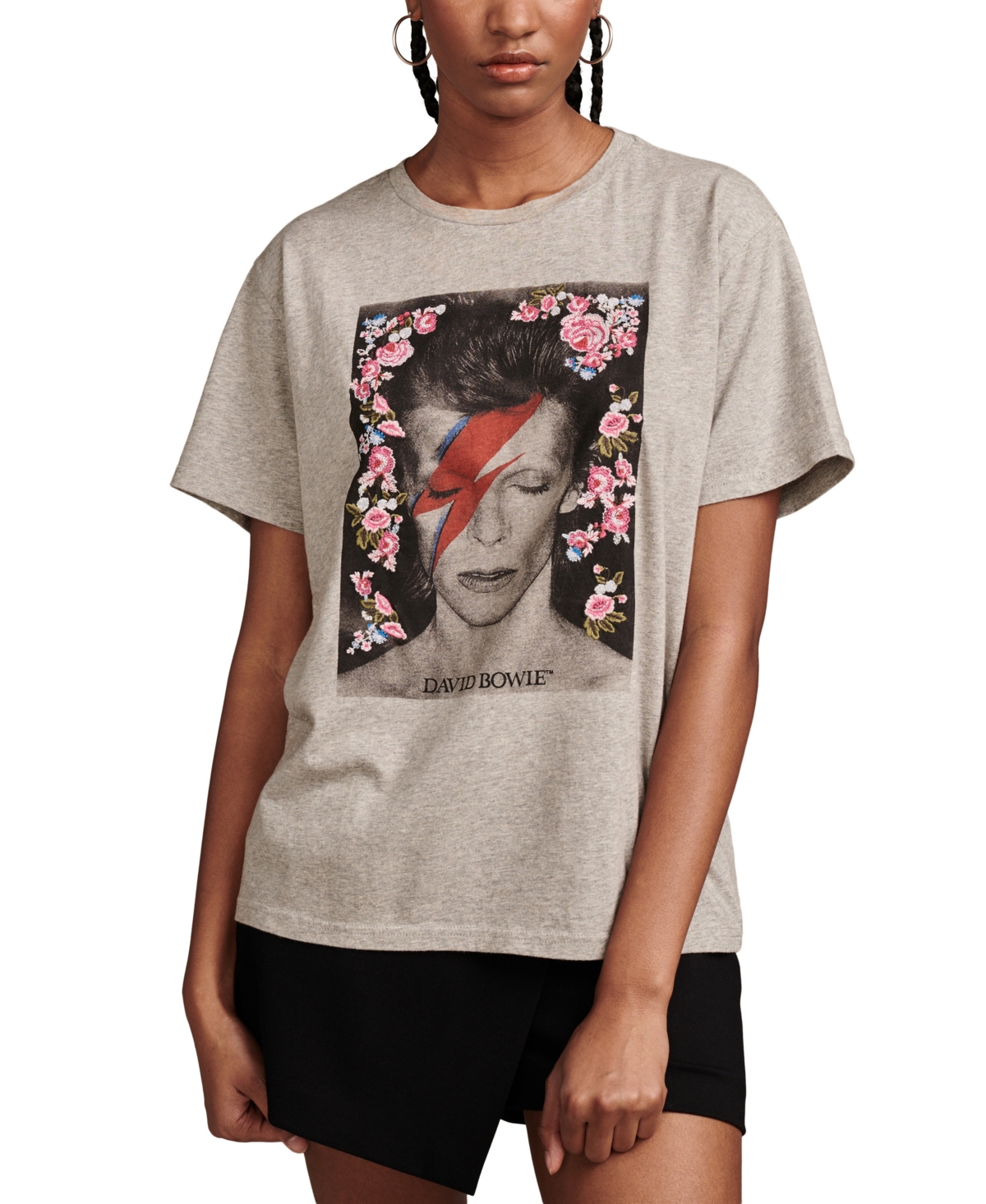 Lucky Brand Women's Floral Bowie Graphic Boyfriend T-shirt In Medium Heather Grey