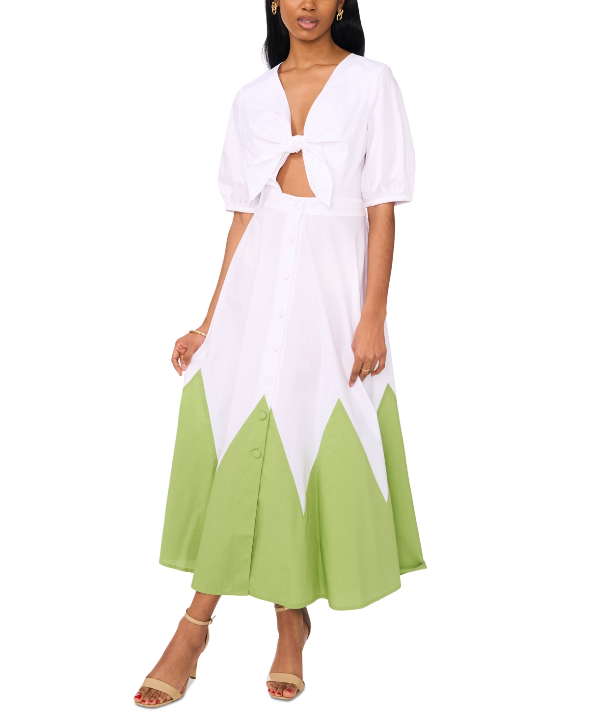 Women's Cotton Tie-Front Maxi Dress - Matcha Green/ Ultra White