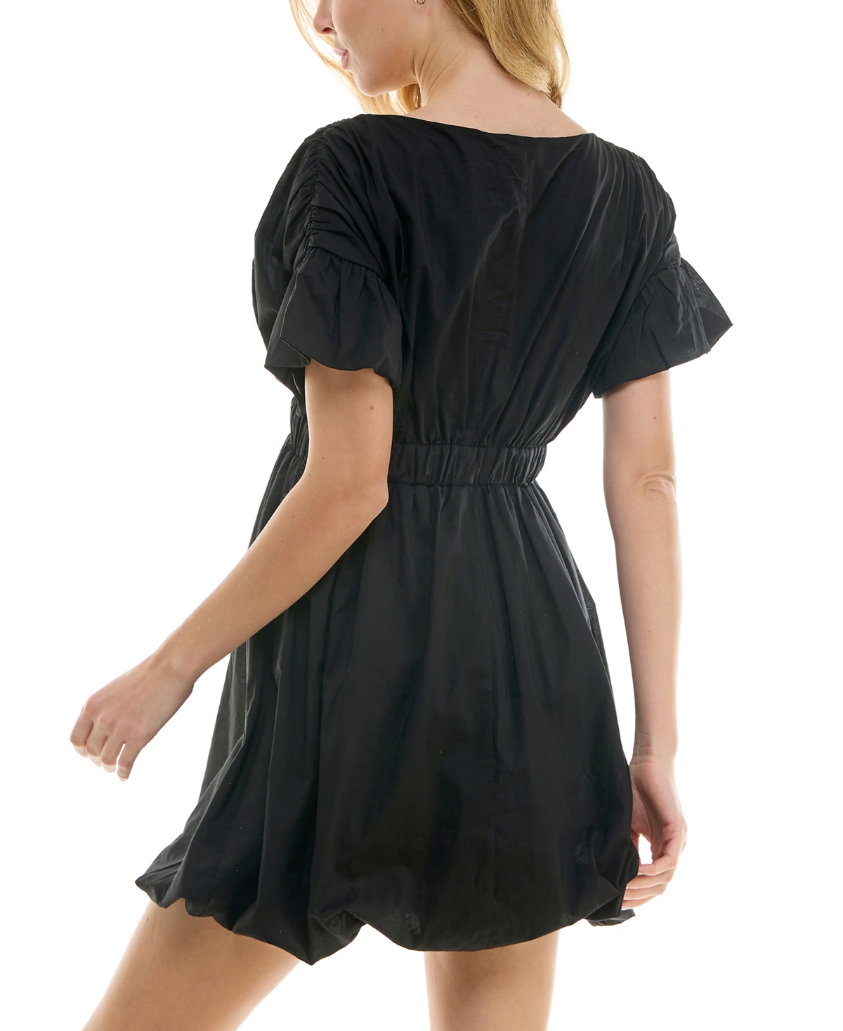 Shop Bcx Juniors' V-neck Shirred-sleeve Fit & Flare Dress In Black