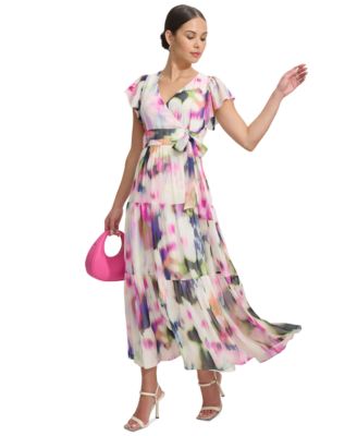 DKNY Women's Chiffon Flutter-Sleeve Tie-Waist Dress 