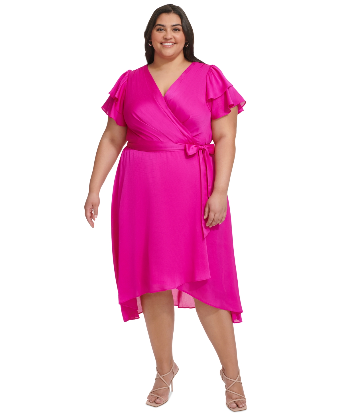 Plus Size Satin Ruffle-Sleeve High-Low Wrap Dress - Power Pink