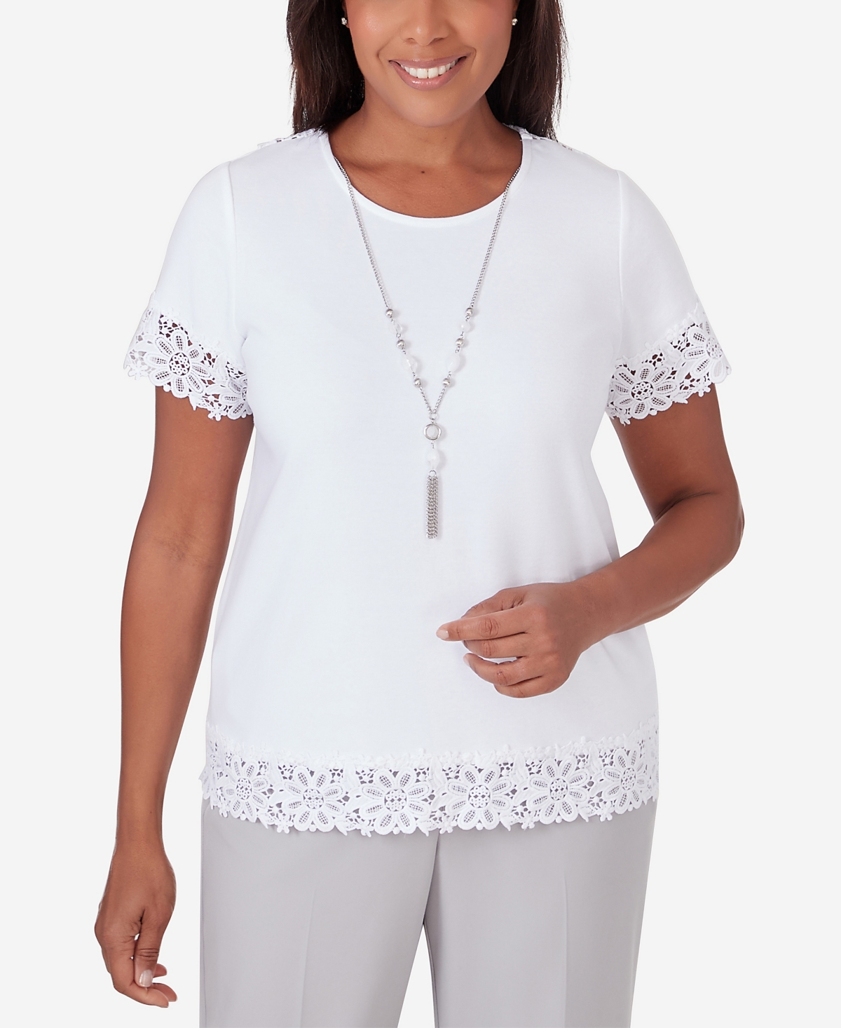 Shop Alfred Dunner Petite Charleston Border Lace Necklace T-shirt In White