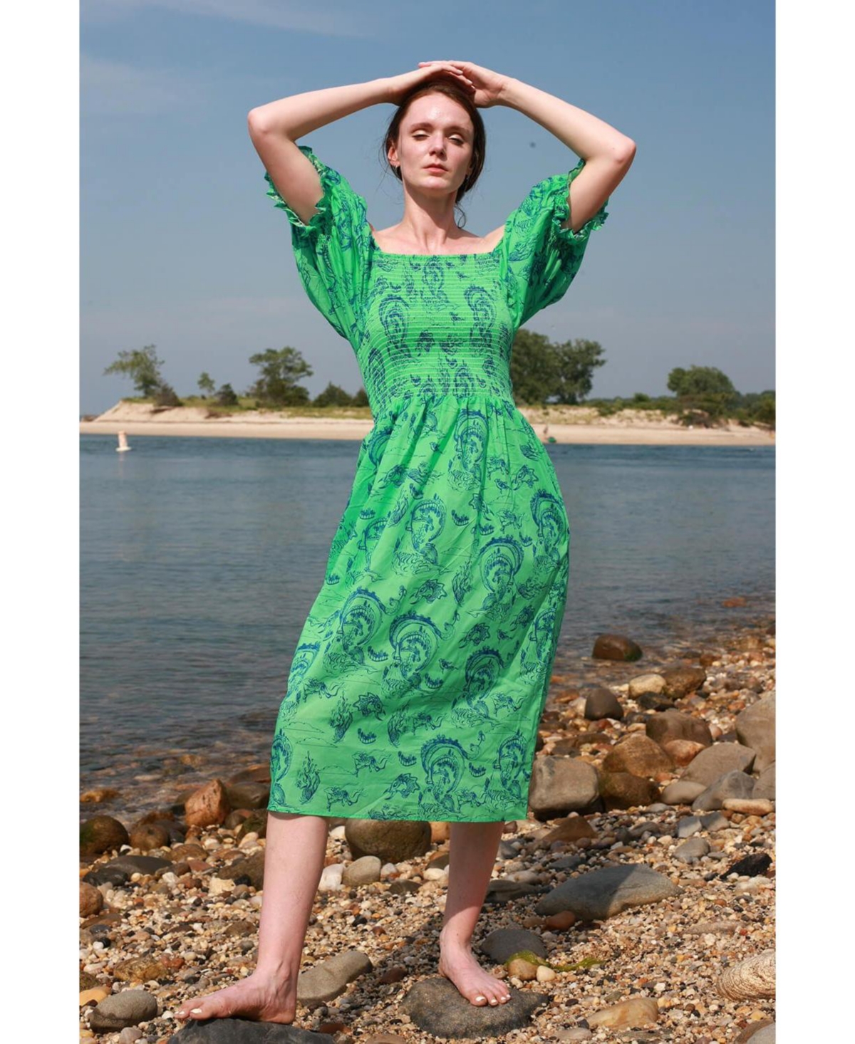 Jessie Zhao New York Fairytale Smocked Midi Dress - Green and blue