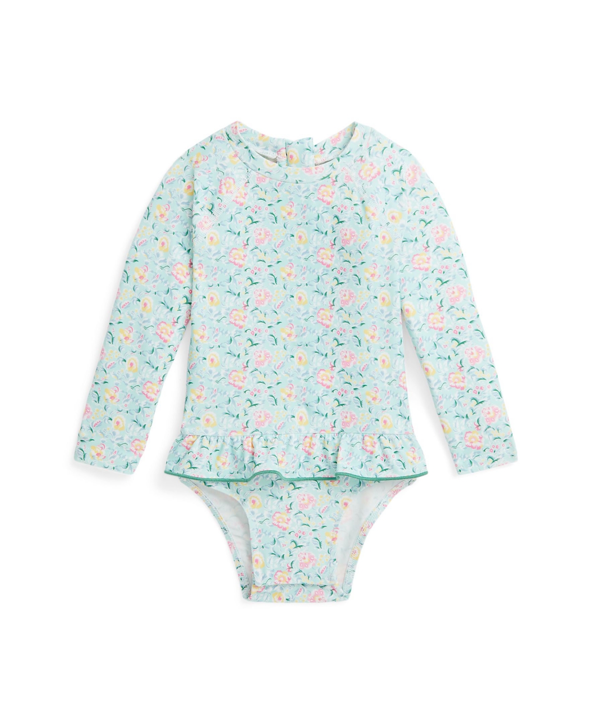 Shop Polo Ralph Lauren Baby Girls Floral Ruffled One Piece Crewneck Rash Guard In Simone Floral With Celestial Blue