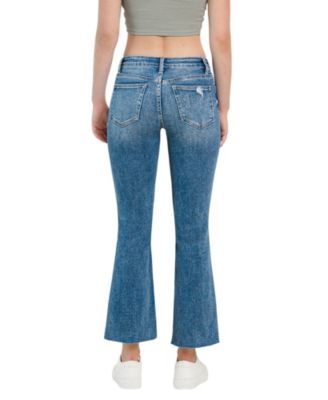 Women's Mid Rise Uneven Hem Ankle Kick Flare Jeans