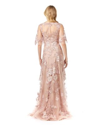 Women's Long Bell Sleeve Boat-Neck Beaded Gown