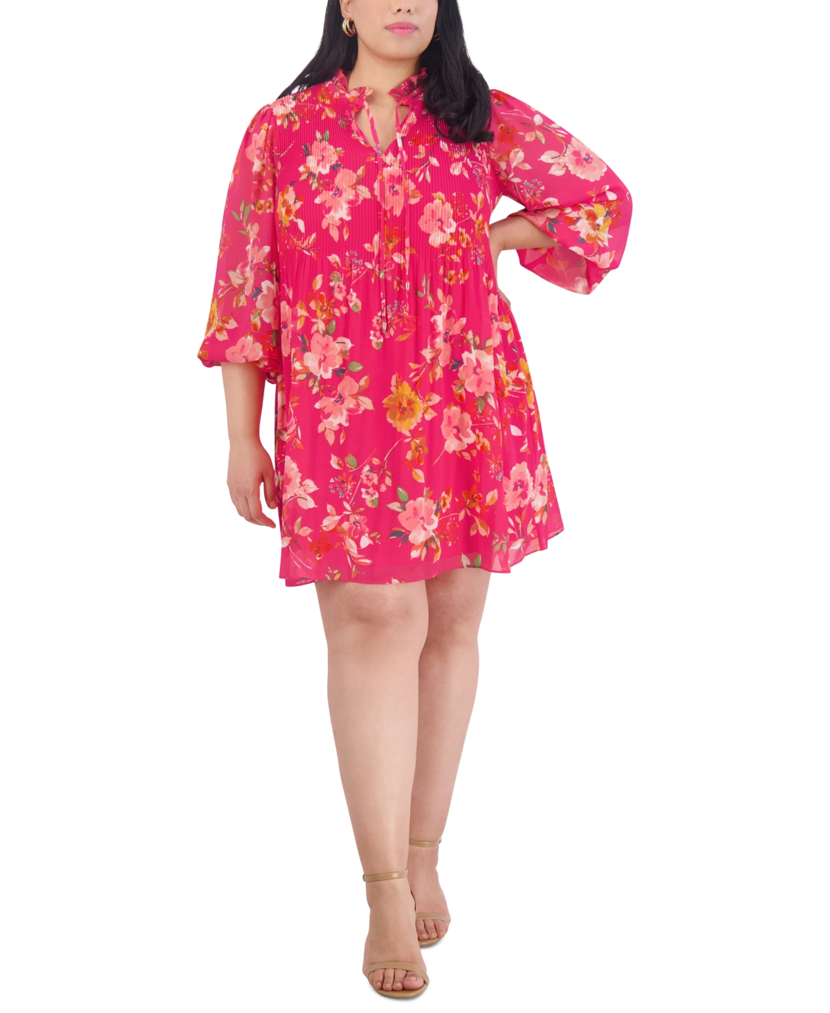 Jessica Howard Plus Size Floral-print Pleated Swing Dress In Magenta Multi