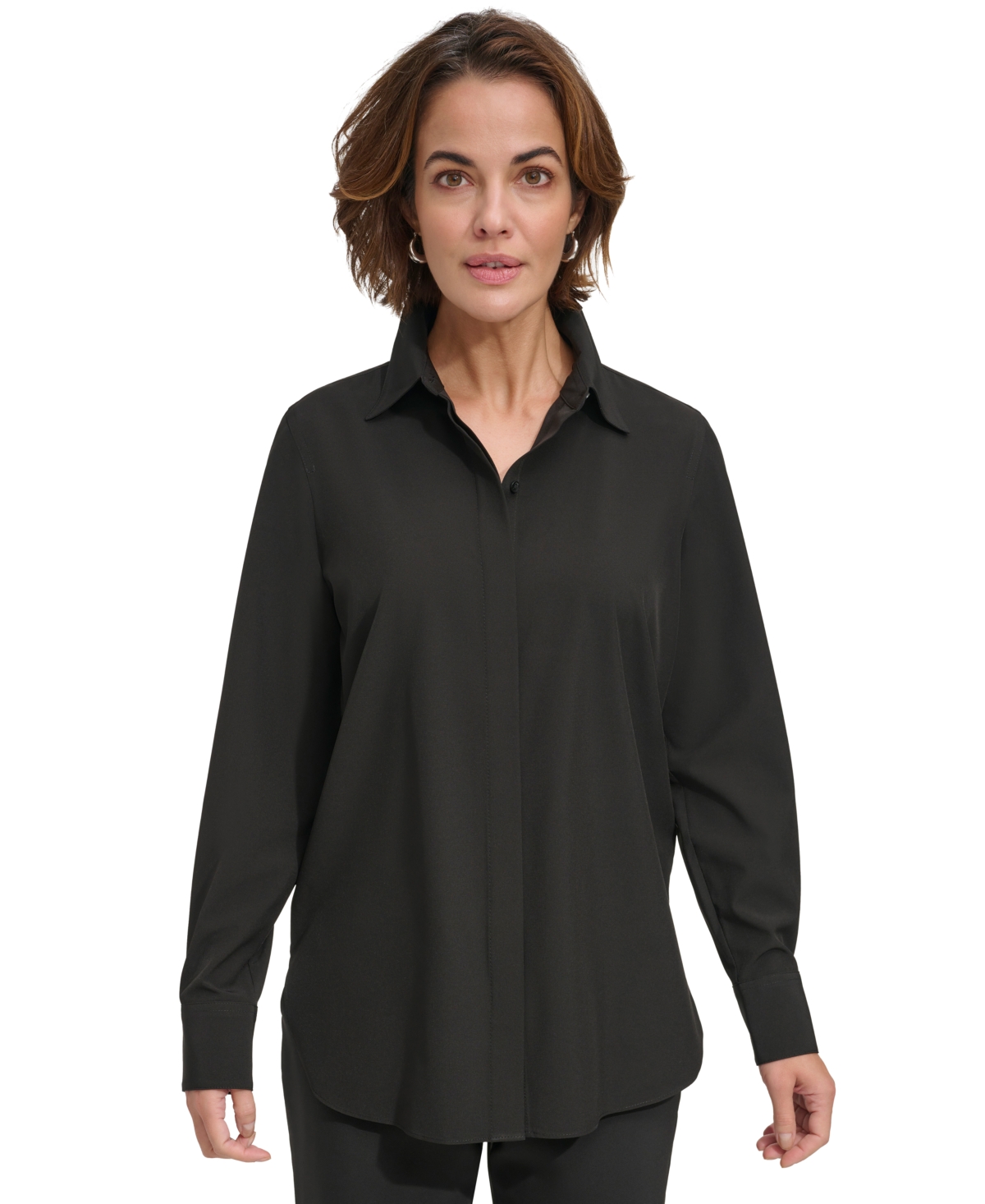 Dkny Women's Solid Covered-placket Long-sleeve Shirt In Black