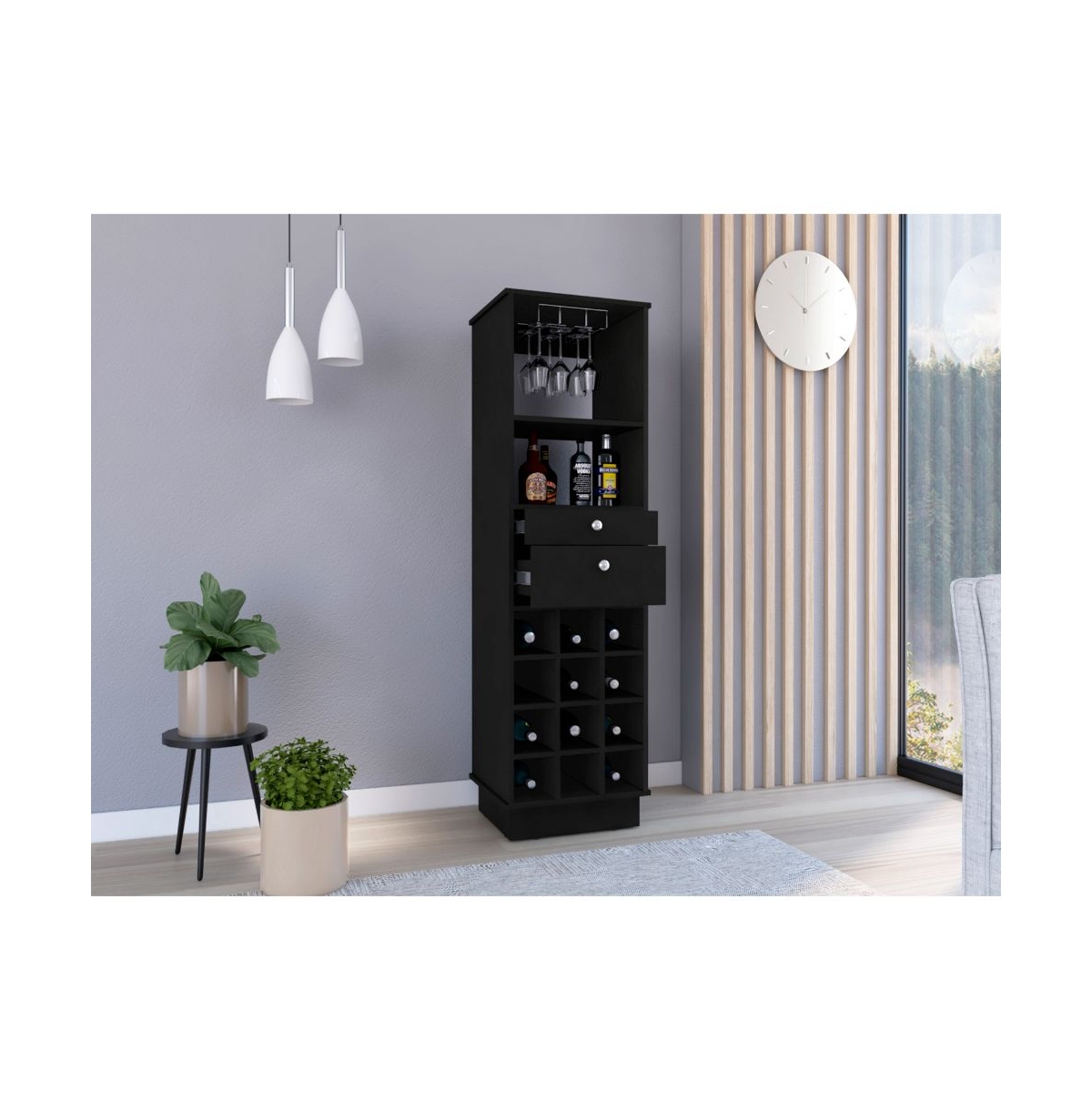 Depot E-shop Zircon Bar Cabinet, Twelve Built-in Wine Rack, Two Drawers,- Black