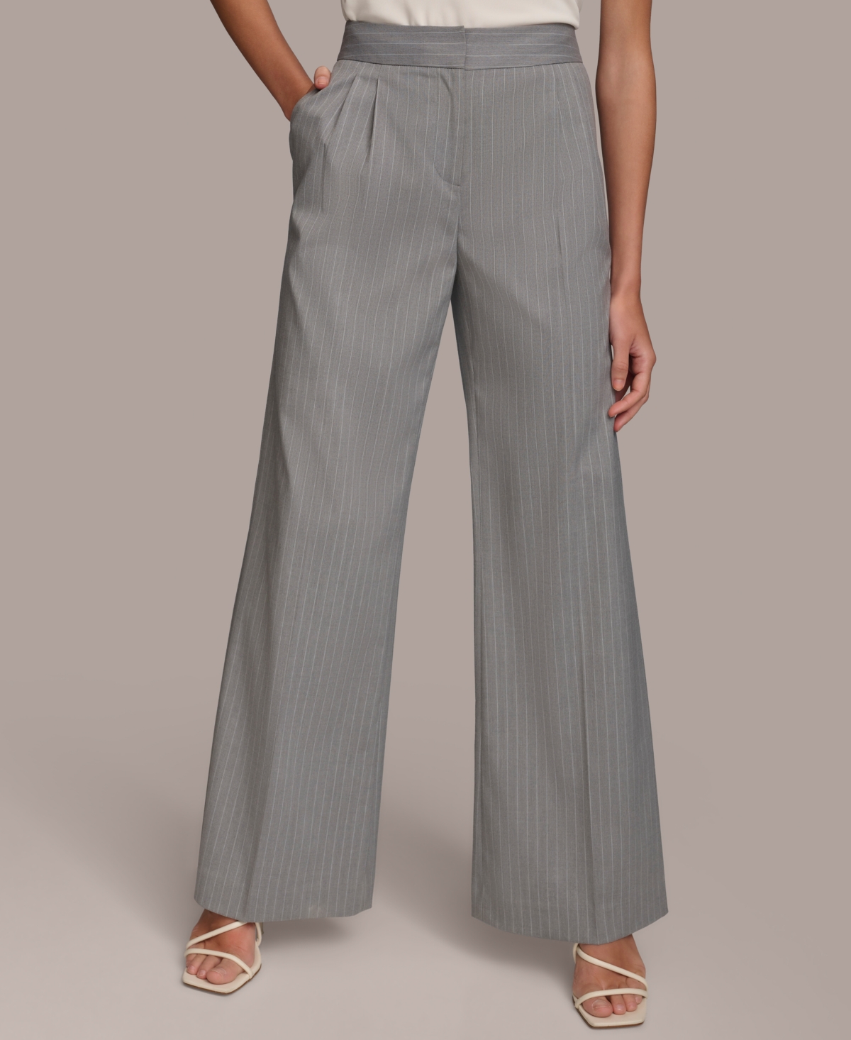 Shop Donna Karan Women's Pinstriped Wide-leg Pants In Light Gray,white