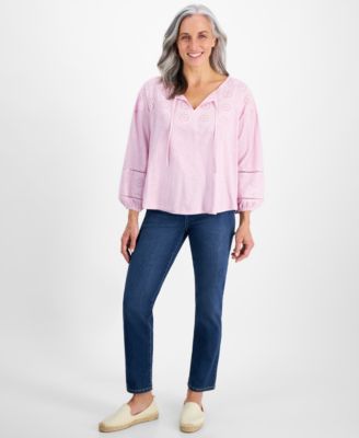 Style Co Petite Eyelet Embroidered Top High Rise Natural Straight Leg Jeans Created For Macys