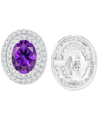 Amethyst & Lab Grown White Sapphire, Oval Halo Birthstone Stud Earrings in Sterling Silver