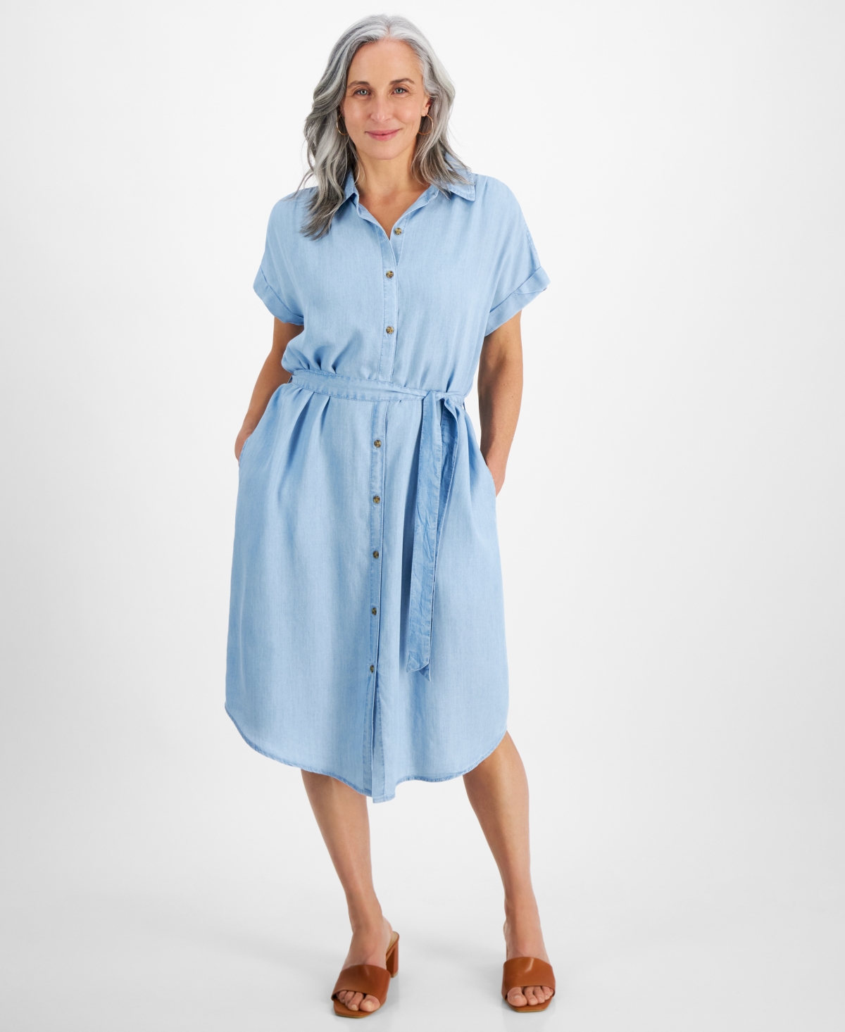 Petite Chambray Belted Camp Shirt Dress, Created for Macy's - Emma Wash