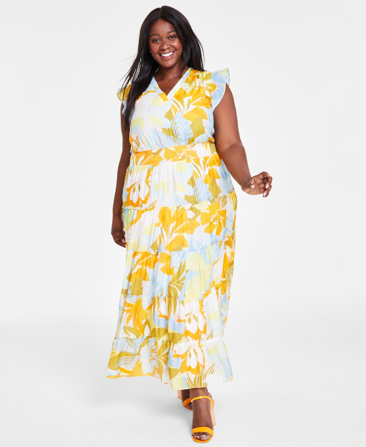 Shop Vince Camuto Plus Size Printed Flutter-sleeve Tiered Maxi Dress In Airy Blue