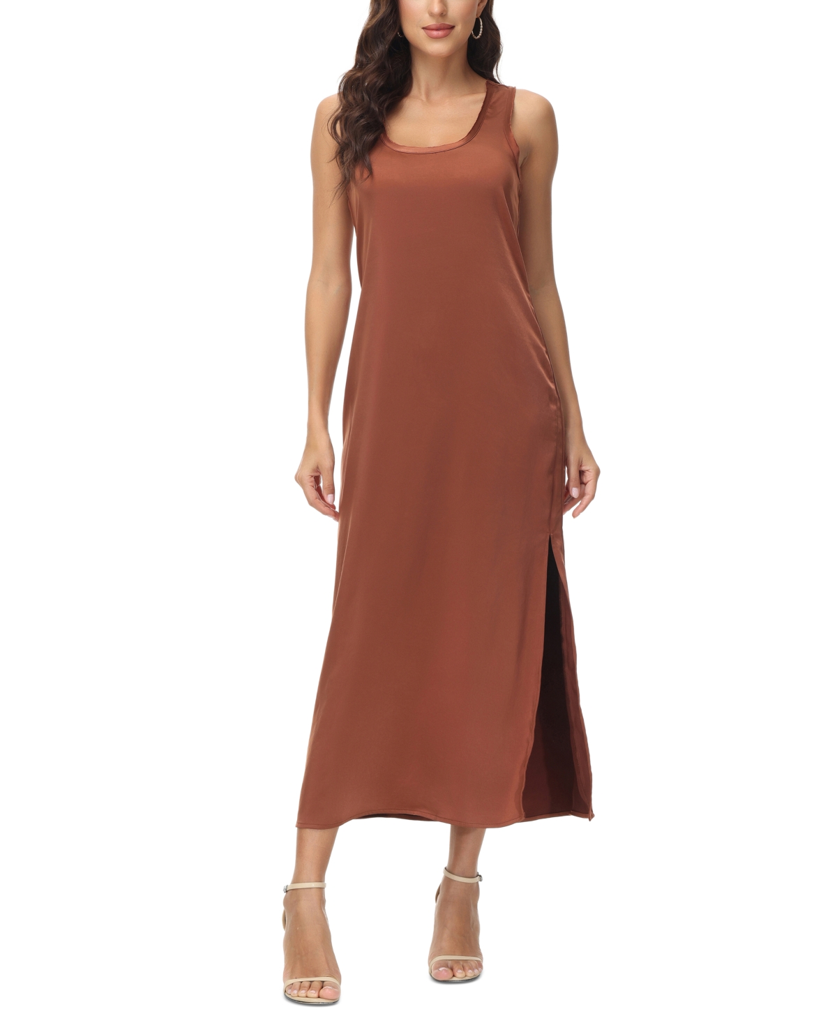 Women's Lela Satin Scoop-Neck Side-Slit Tank Dress - Brown Out