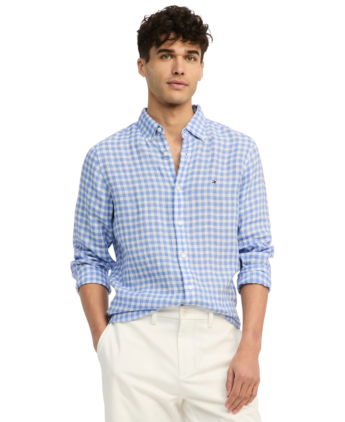 Shop Tommy Hilfiger Men's Slim-fit Gingham Check Button-down Linen Shirt In Blue Spell,optic White