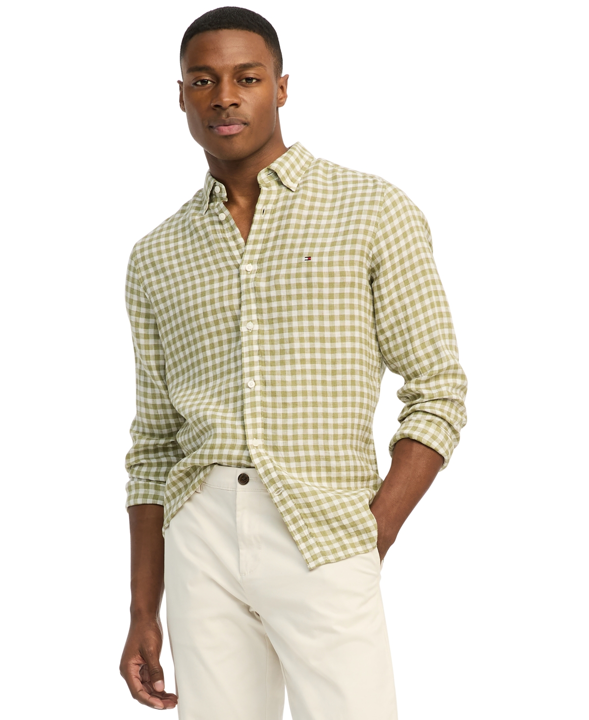 Shop Tommy Hilfiger Men's Slim-fit Gingham Check Button-down Linen Shirt In Faded Olive,optic White