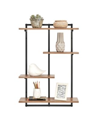 Rhodes 4 Tier Modern Floating Windowsill Wall Shelf Unit with Black Metal Frame and Light Walnut MDF Shelves