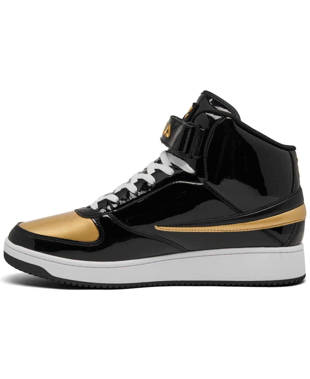 Shop Fila Men's A-high Patent Leather High Top Casual Sneakers From Finish Line In Black,gold