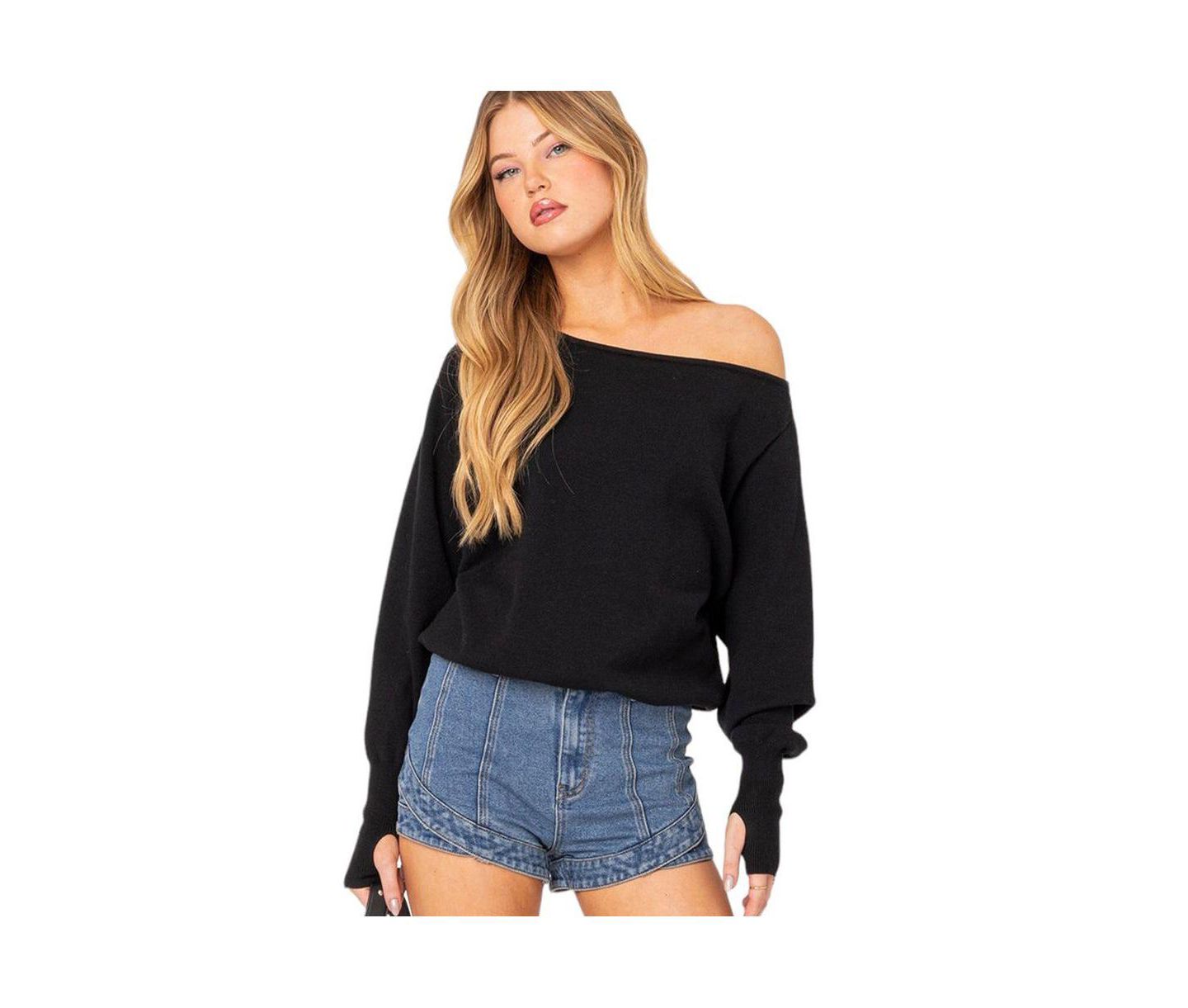 Женский свитер Edikted Off Shoulder Oversized Sweater, цвет: Чёрный — фото 2