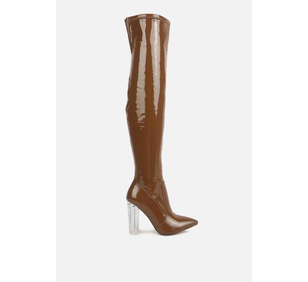 noire thigh high long boots in patent pu - Tan