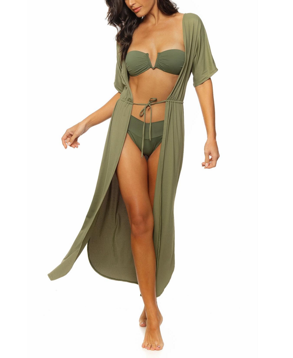 Women's Tie Front Long Kimono Cover-up - Turquoise