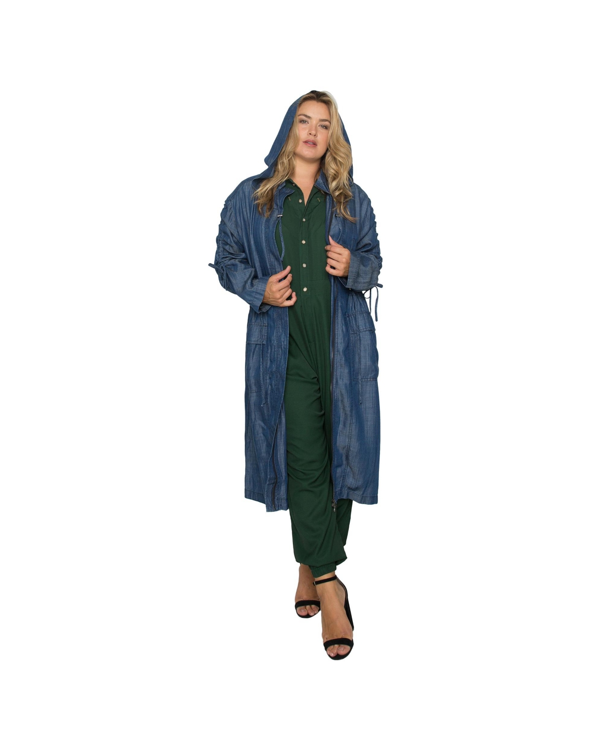 Women's Plus Size Denim Tencel Hooded Long Trench Coat - Forest green