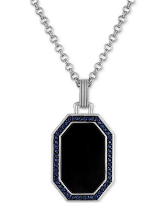 Esquire Men's Jewelry - Onyx & Lab-Created Sapphire (1/2 ct. t.w.) Octagon Dog Tag 22" Pendant Necklace in Sterling Silver