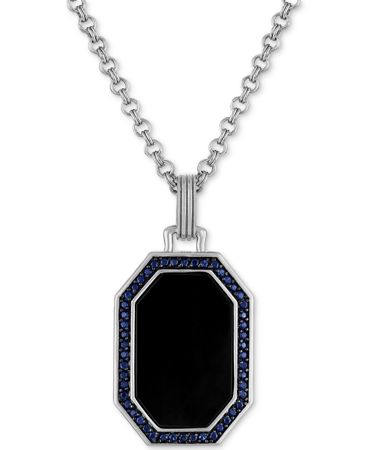 Onyx & Lab-Created Sapphire (1/2 ct. t.w.) Octagon Dog Tag 22" Pendant Necklace in Sterling Silver, Created for Macy's