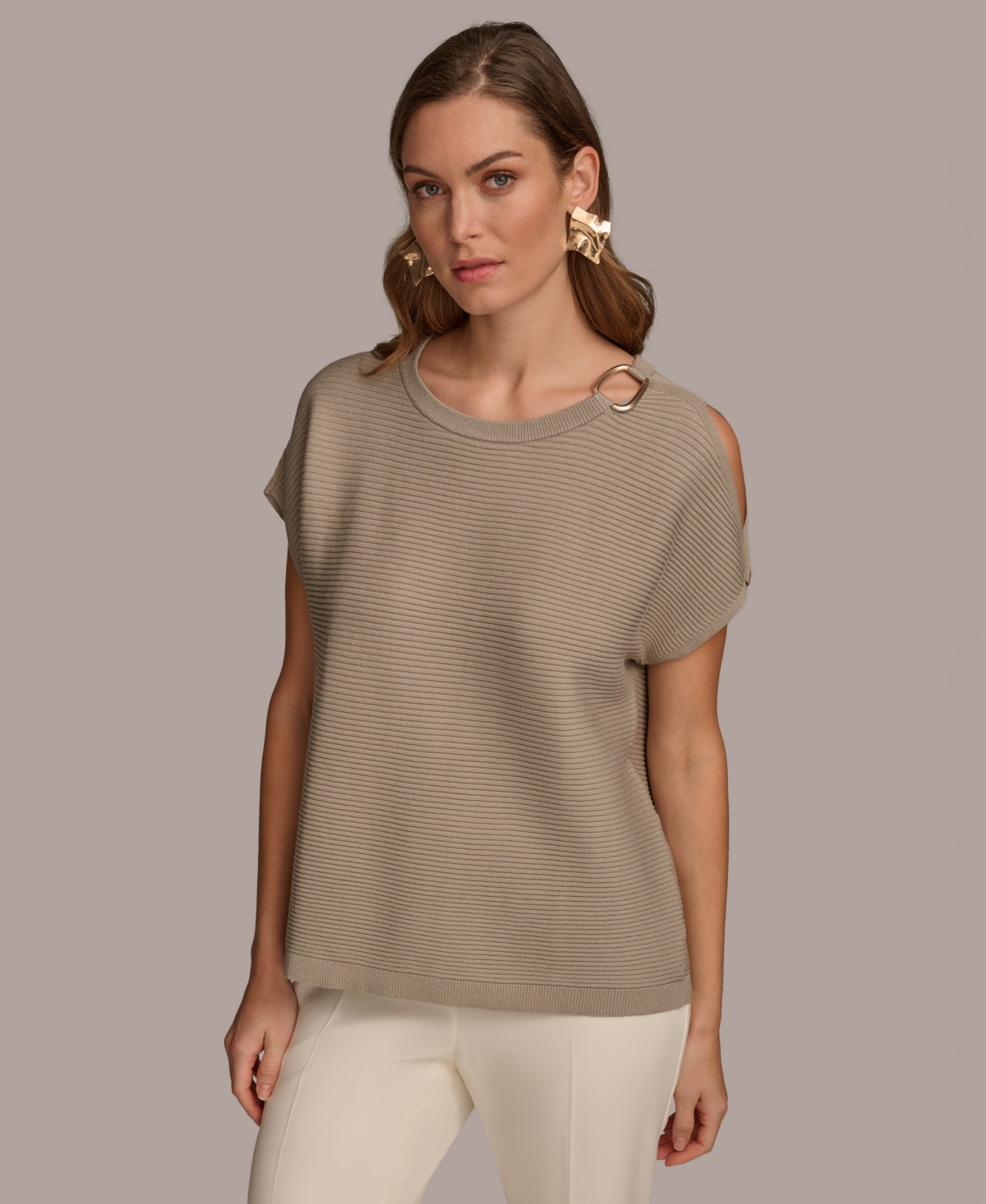 Shop Donna Karan Women's Dolman-sleeve Shoulder-cutout Sweater In Zinc