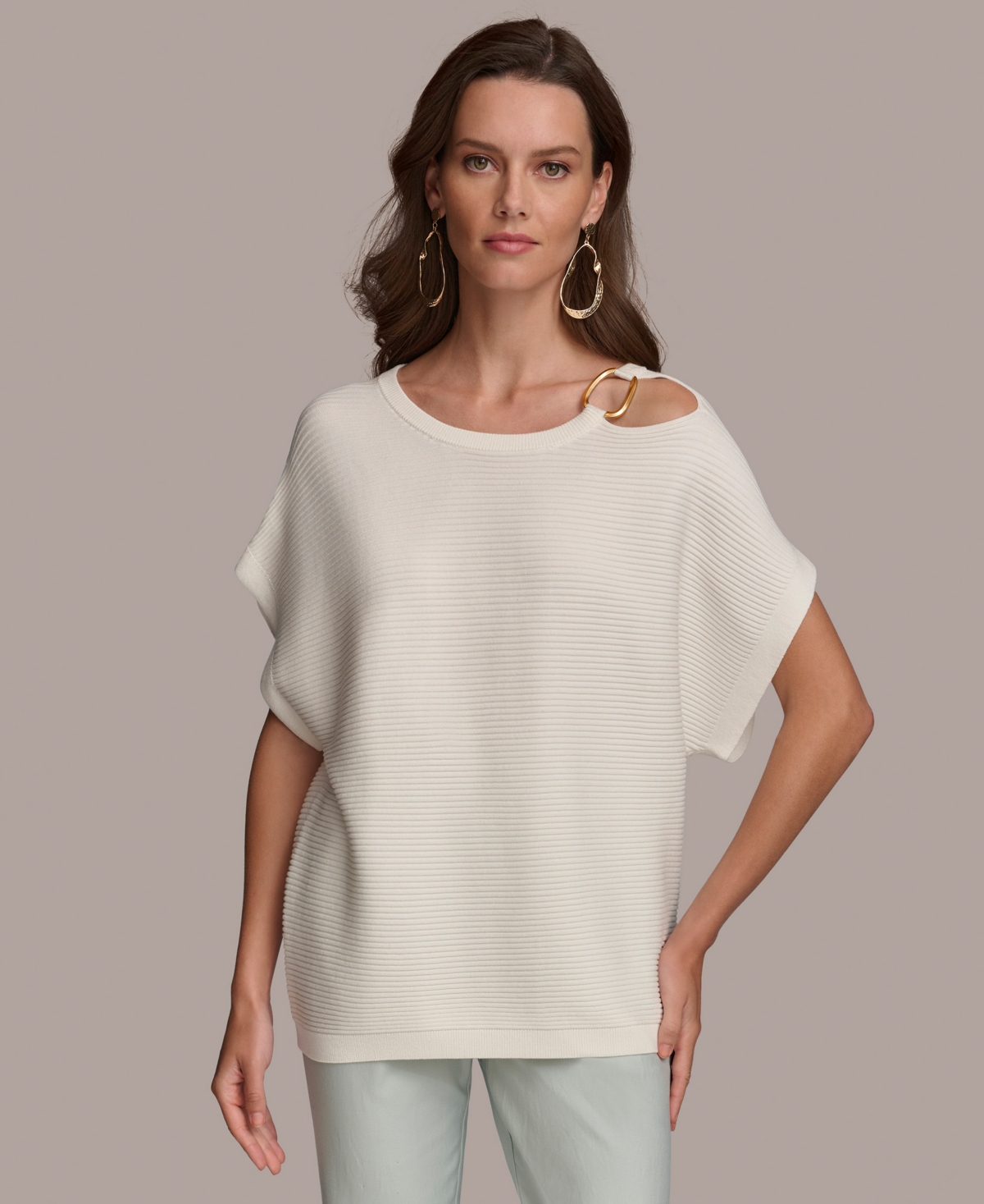Shop Donna Karan Women's Dolman-sleeve Shoulder-cutout Sweater In Cream