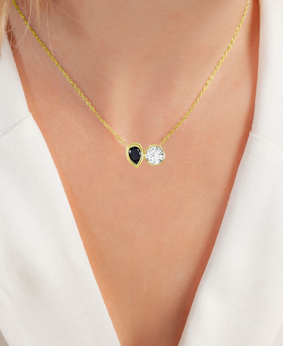 Macy's Cubic Zirconia White & Black Two-stone Necklace In 14k Gold-plated Sterling Silver, 18" + 2" Extende In Gold