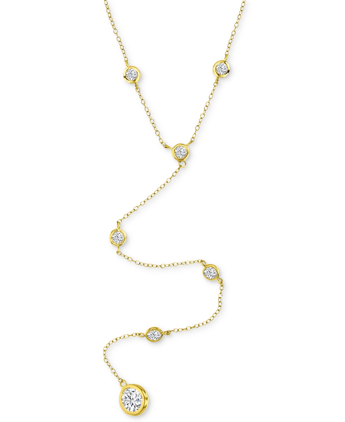 Cubic Zirconia Bezel Lariat Necklace in 14k Gold-Plated Sterling Silver, 18" + 2" extender - Gold